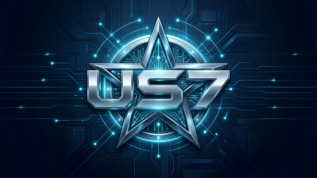 Logo futurista US7 con estrella metálica 3D, efectos de luz azul y circuitos digitales, estilo tecnológico premium para marca creativa y de videojuegos.