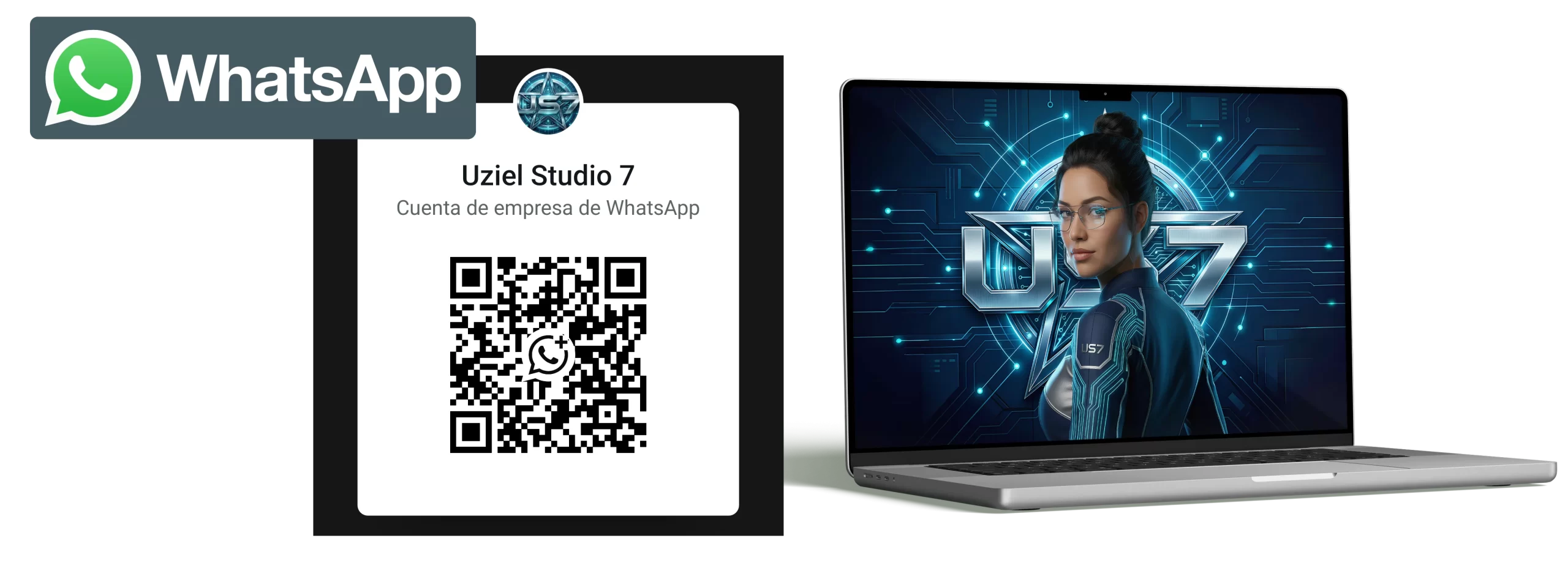 Código QR de WhatsApp empresarial de Uziel Studio 7 junto a una laptop con diseño futurista